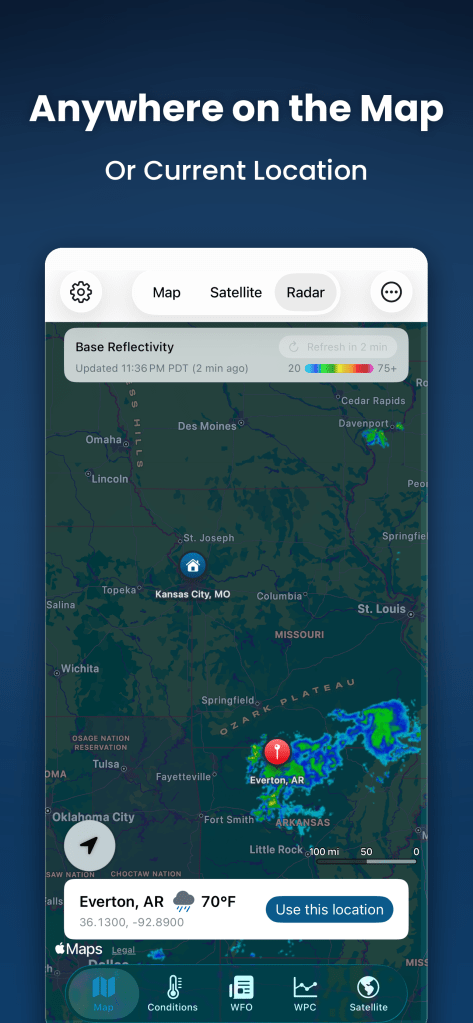 Wx Bulletin map and weather overlays screen