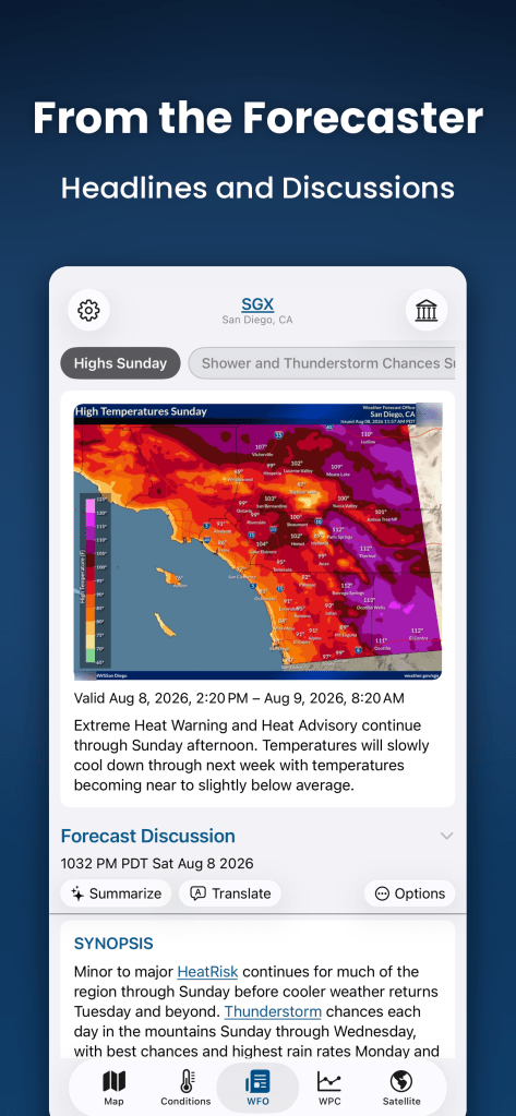 Wx Bulletin Weather Stories and Area Forecast Discussions screen